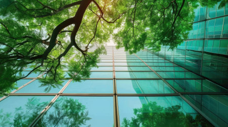 The picture of glass or mirror structure that reflect everything on the opposite like tree, the building has been surrounded with a lot of the green trees, the mirror reflect light from sun. AIG43.の写真素材