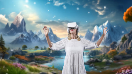 Excited smiling woman looking by VR surround wonderful fairytale forest mountain ice wonderland snowfall at steam water landscape meta magical world mysterious fantasy jungle in winter. Contraption..の写真素材