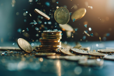 Economic downturn, debt crisis and market crash concept shown by shattering coins AIG41の素材