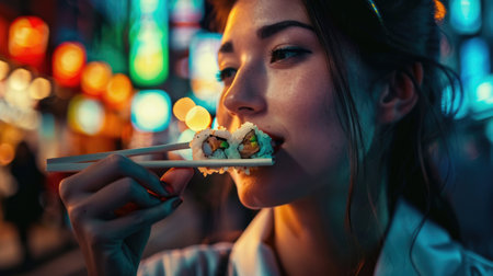 A woman with black hair is holding a tray of sushi, smiling with raised eyebrows and long eyelashes. Her facial expression exudes happiness and cool confidence, enjoying a leisurely and fun momentの素材