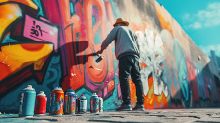 A man leisurely creates art on a wall with spray paint, using vibrant electric blue and magenta to form a captivating pattern. AIG41の素材