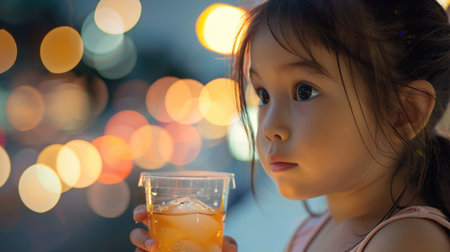 A thoughtful young girl with a cup of juice against a blurred bokeh background. AIG50の素材