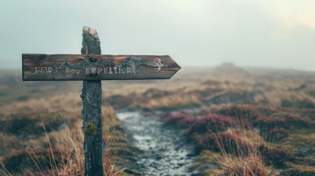 A wooden sign with a cross symbol and religious font, pointing right in a field under a sky. It blends art with natural landscape, resembling a twig in a cemetery AIG50の素材