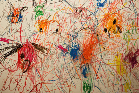 The hand drawing colourful picture of the group of the various type of the animal that has been drawn by the colored pencil or chalk on the white background that seem to be drawn by the child. AIGX01.の素材