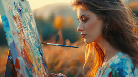 A woman with flowing hair and a happy facial expression is painting on an easel in a field, her mouth curved into a smile, eyelashes fluttering. The scene radiates fun and art at an outdoor eventの素材