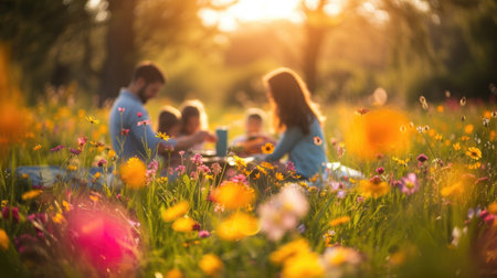 A happy family gathered in a natural landscape, enjoying a picnic amidst blooming flowers, lush grass, and under the warm sunlight. AIG41の素材