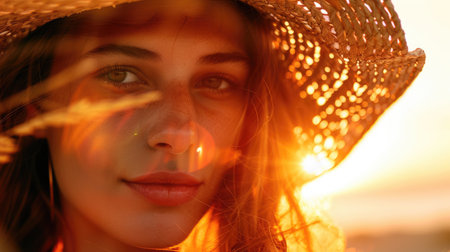A closeup shot capturing the sun shining through a womans hat, highlighting her nose, eyebrows, eyelashes, and jaw. She looks happy and exudes beauty and fun with this fashion accessory AIG50の素材