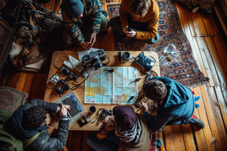 The picture of the group of the young or adult caucasian human focus and looking at a map of the world in a small room that has been filled with various object under bright sun in the daytime. AIGX03.の素材