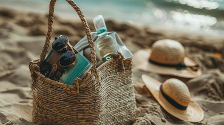 On the sandy beach rests a hat, sunglasses, a book, and a water bottle. The liquid inside glistens under the sun, creating a scene of leisure and relaxation AIG50の素材