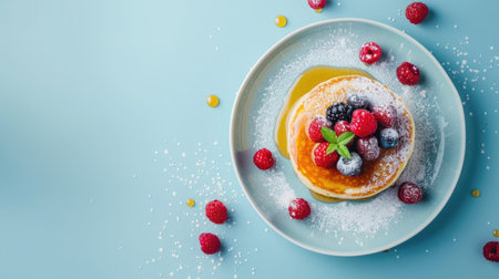 A stack of pancakes topped with strawberries and blueberries on a plate. The perfect combination of sweet fruit and fluffy pancakes, a delicious breakfast choice AIG50の素材