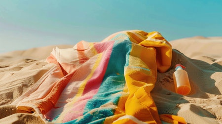 Under the vast sky and surrounded by nature, a towel and a bottle of sunscreen are left on the sandy beach, next to a watercraft and a beautiful landscape of grass and clouds AIG50の素材