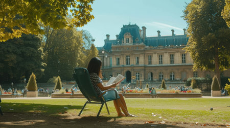 Photography of attractive woman enjoy reading while sitting at green garden with calm. An image of young beautiful happy girl holding a journal and novel while looking and relaxing on chair. AIG42.の素材