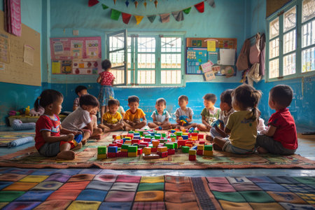 A group of children are sitting on the floor in a classroom. They are playing with blocks and other toys. The children are all smiling and having fun. AIG51A.の素材