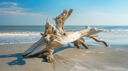 A majestic piece of driftwood rests on the sandy beach under the colorful sunset sky, creating a beautiful natural landscape art piece with the surrounding clouds, water, and trees AIG50の素材