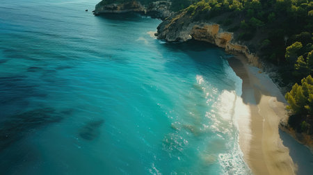 An aerial view of a coastal beach with rocks, surrounded by electric blue water. Natural landscape with oceanic and fluvial landforms, including reefs and lakes AIG50の素材