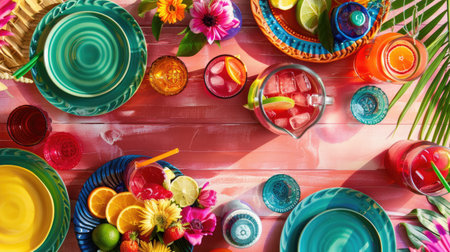 An intricate table setting with colorful dishware and drinks arranged in a circular pattern, resembling a painting of a vibrant aquatic organism AIG50の素材