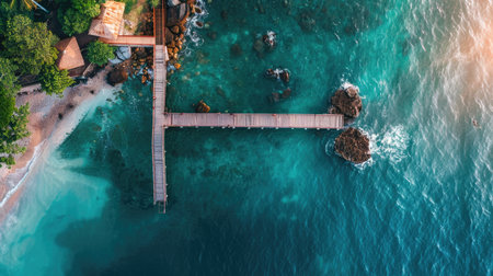 An aerial view of a tropical island showcasing a dock extending into the aqua water leading to a beautiful beach surrounded by lush green trees and natural landscape AIG50の素材