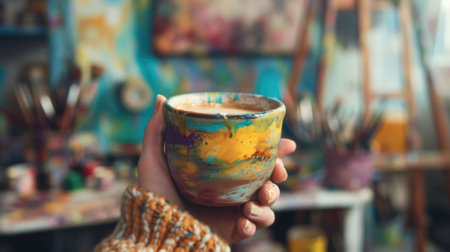 The close up picture of the artist is holding the cup of the coffee that has been decorated with colourful colour inside the colourful studio that surround by the art tools in blur background. AIG43.の素材