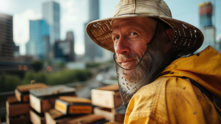 The picture of the beekeeper keeping the bee and managing beehive also working in urban area, the beekeeper require skills like hive management, pollination knowledge and the safety procedures. AIG43.の素材