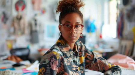 The picture of the fashion designer in the studio that has been filled with paper of drawing on wall of the room, the designer require skills like fabric knowledge, creativity, fashion trends. AIG43.の素材