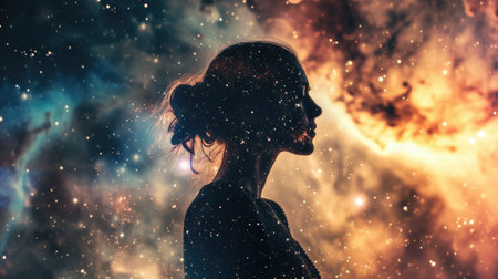 The double exposure picture of adult female human with galaxy or universe in great enormous space that starring into beautiful bright galaxy space that filled with uncountable amount of star. AIGX03.の素材