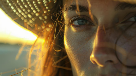 A closeup shot capturing the sun shining through a womans hat, highlighting her nose, eyebrows, eyelashes, and jaw. She looks happy and exudes beauty and fun with this fashion accessory AIG50の素材