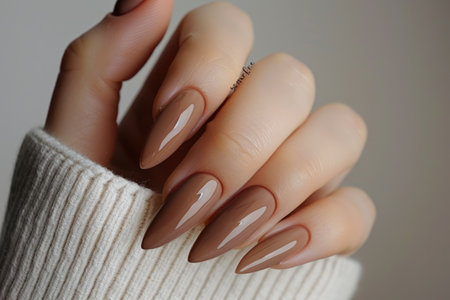 Almond shaped nails painted with brown gel polish AIG51A.の素材