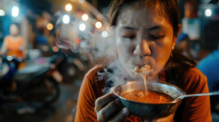 A woman is enjoying a bowl of staple food with a spoon, indulging in her food craving. She is savoring the dish made from a delicious recipe and sharing it with delight AIG50の素材