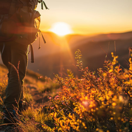 A woman in a cap and eyewear is happily looking at the sunset in nature, with the sun shining bright in the sky, creating a beautiful landscape AIG50の素材