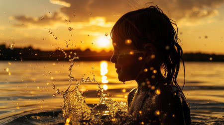 A young girl is happily swimming in the liquid landscape of the ocean at sunset, enjoying the fluid motions and reflections on the waters surface AIG50の素材