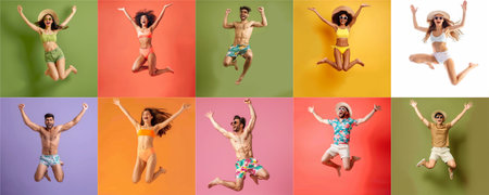 Summer people collection set, diverse people jumping on colorful background, many people funny jump wearing summer outfit fashion ready for swim and summer activity, summertime, beachwear AIG48の素材