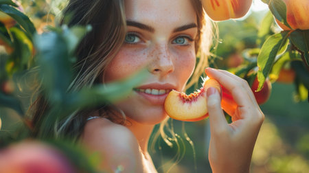 A happy woman with a smile on her face is enjoying a ripe peach in a field surrounded by tall grass and trees. Her eyelashes flutter with joy as she savors the natural fruit, having fun in natureの素材
