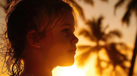 The woman gazes at the sunset with palm trees silhouetted against the fiery sky, creating a mesmerizing event of tints and shades in the darkness AIG50の素材