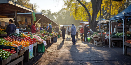 An early morning farmers market scene, bustling with vendors and customers, fresh produce on display, capturing the essence of local commerce and community. Resplendent.の素材