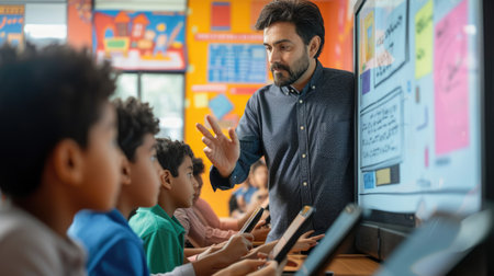Portrait of teacher teaching about AI at digital classroom. Multicultural elementary student learning and studying about technology innovation by using laptop and attend in computer lesson. AIG42.の素材