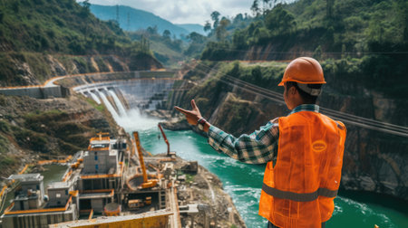 Smart civil engineer pointing at dam surrounded with nature and mountain. Professional architect wearing safety helmet and checking, inspecting construction while looking at dam water release. AIG42.の素材