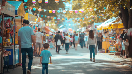 A crowd of people in jeans leisurely walks down a city street, enjoying the fun-filled carnival event happening along the road. AIG41の素材