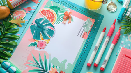 Using their green thumb and nimble fingers, a person creates paper flowers and leaves on an azure table, surrounded by nature and beauty AIG50の素材