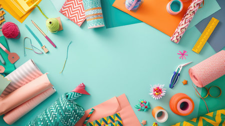 A table decorated with paper flowers, craft supplies, and colorful textiles in shades of green, azure, orange, yellow, and aqua. The vibrant electric blue patterns add an artistic touch AIG50の素材