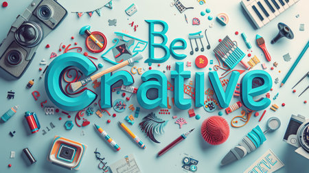 The letter of be creative in variant texture with bright light colorful color with making or constructing with musical element and art equipment with 3D design. Recreation concept. Lettering. AIG42.の素材