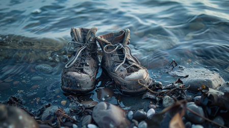 A pair of boots is drifting in the fluid water, surrounded by natural landscapes of soil, plants, trees, and rocks. It seems like a mysterious event AIG50の素材