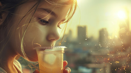 The little girl is sipping water from a glass, her eyelashes moist with the clear fluid. The amber drinkware reflects the light beautifully AIG50の素材