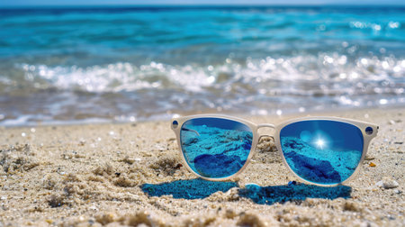 A pair of eyewear rests on a sandy beach by the ocean, surrounded by water and marine biology. The wind waves gently as beachgoers enjoy leisurely activities nearby AIG50の素材