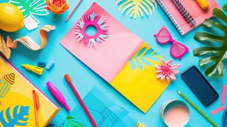 Using their green thumb and nimble fingers, a person creates paper flowers and leaves on an azure table, surrounded by nature and beauty AIG50の素材