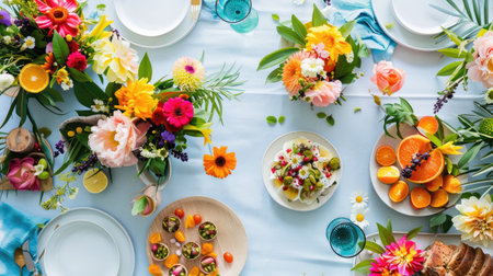 An artfully arranged table featuring a variety of dishes, garnished with fresh flowers. A beautiful display for sharing and enjoying delicious cuisine at a special event AIG50の素材