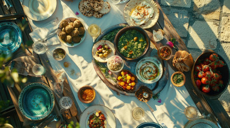 A variety of dishes showcasing different cuisines and ingredients are displayed on the table, highlighting the art of food preparation using natural foods and produce AIG50の素材