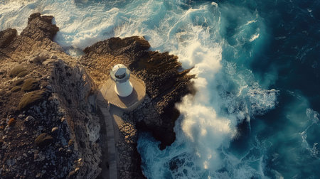 A breathtaking aerial view of a lighthouse standing on a rock surrounded by vast liquid water, showcasing the beauty of natural landscape and perfect for leisure and recreation AIG50の素材