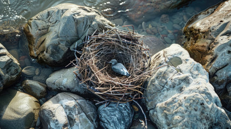 A seabird with a sharp beak, part of the Charadriiformes order, is perched on a rock nest made of natural materials on the bedrock soil landscape AIG50の素材