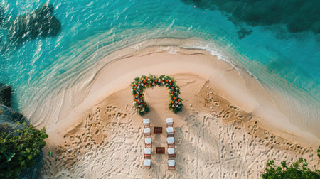 An aerial view of a beach wedding ceremony with chairs and flowers overlooking the water, surrounded by nature and plantfilled landscape AIG50の素材