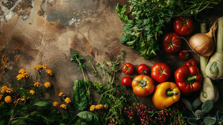 The table is adorned with a variety of plants and flowers including vegetables and flowering plants. The assortment includes fruits, petals, and grass, creating a beautiful natural food landscapeの素材
